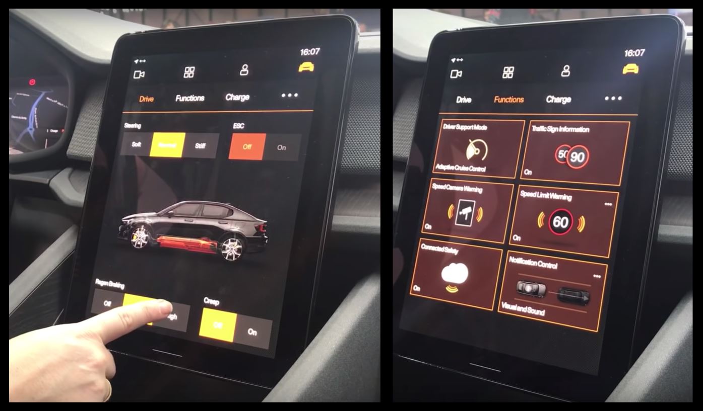 Drive mode and vehicle function views of Polestar 2's infotainment